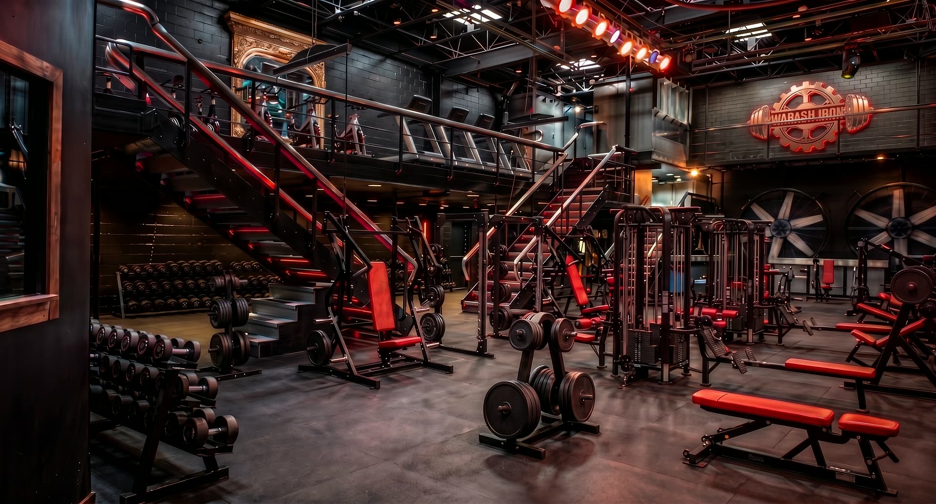 Design render of the Wabash Iron training floor showing the mezzanine, equipment layout and backlit sign